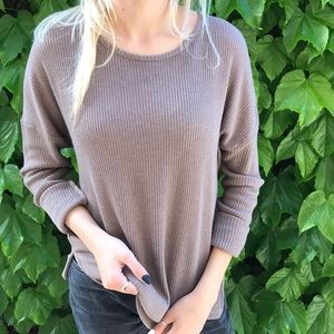 super chic tan sweater with lace up in the back